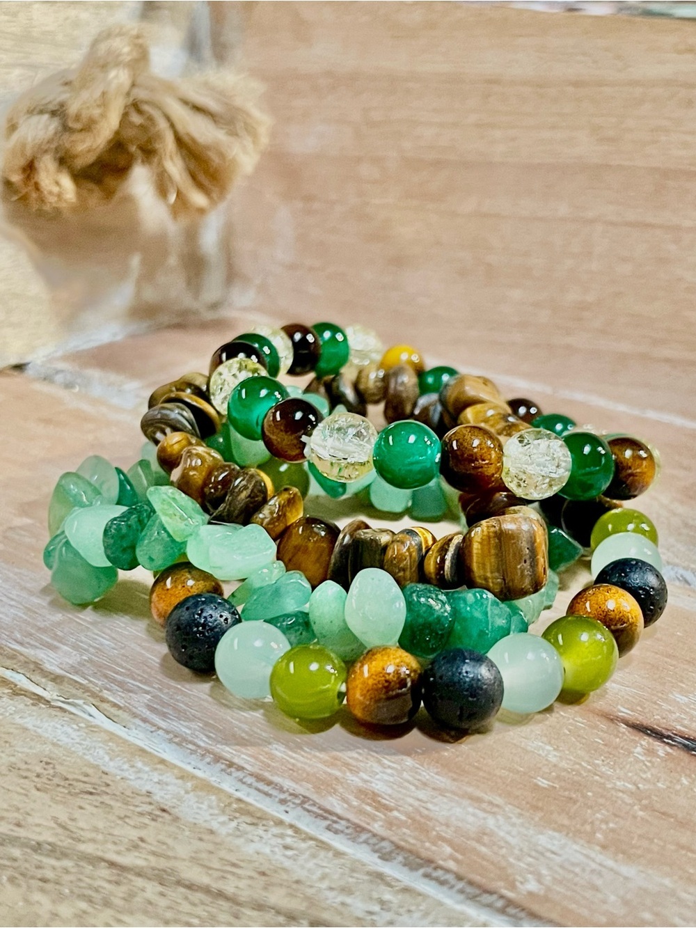 Green and Brown Gemstone Beaded Stretch Bracelet Set